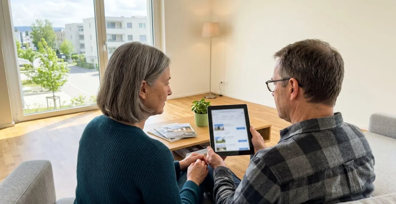 Ein Paar mittleren Alters sitzt auf einem modernen Sofa und betrachtet gemeinsam ein Tablet in einem hellen Wohnzimmer mit Parkettboden