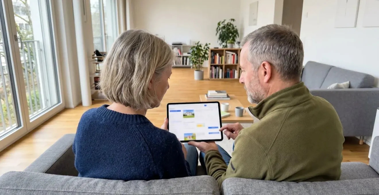 Ein Paar mittleren Alters sitzt auf einem modernen Sofa und betrachtet gemeinsam ein Tablet in einem hellen Wohnzimmer mit Parkettboden