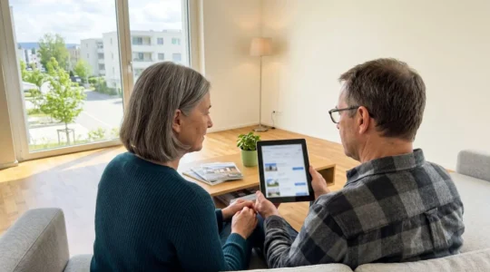 Ein Paar mittleren Alters sitzt auf einem modernen Sofa und betrachtet gemeinsam ein Tablet in einem hellen Wohnzimmer mit Parkettboden
